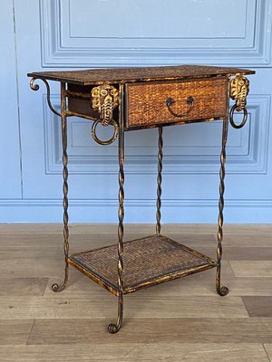 Small Golden Metal Rattan Trolley with Drawer, 1970s-QKG-1357868