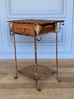 Small Golden Metal Rattan Trolley with Drawer, 1970s-QKG-1357868