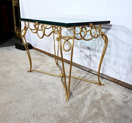 Small Golden Wrought Iron and Glass Table in the style of Drouet Spirit, 1970s-RVK-1703187