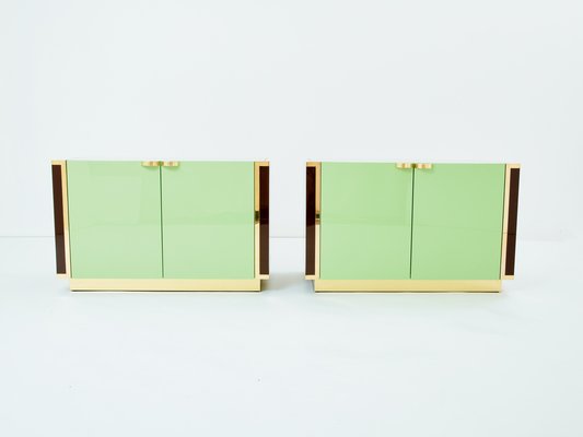 Small Green Lacquer and Brass Cabinets by J.C. Mahey, 1970s, Set of 2-YJA-1787026