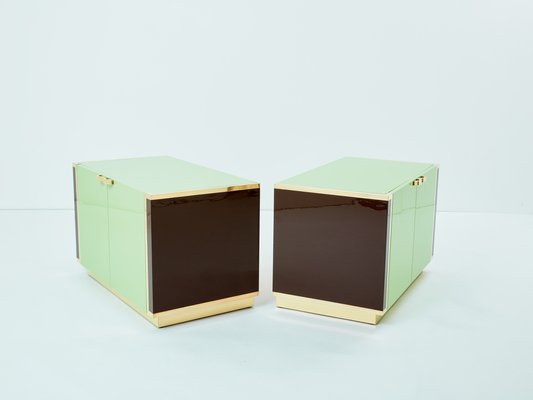 Small Green Lacquer and Brass Cabinets by J.C. Mahey, 1970s, Set of 2-YJA-1787026