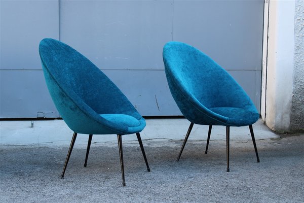 Small Italian Blue Velvet Black Stiletto Metal Egg Chairs, 1950s, Set of 2-EH-1180597