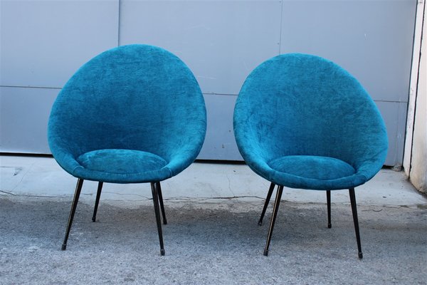 Small Italian Blue Velvet Black Stiletto Metal Egg Chairs, 1950s, Set of 2-EH-1180597