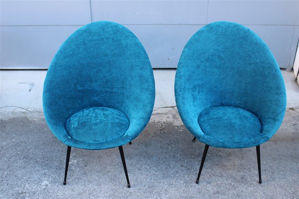 Small Italian Blue Velvet Black Stiletto Metal Egg Chairs, 1950s, Set of 2-EH-1180597