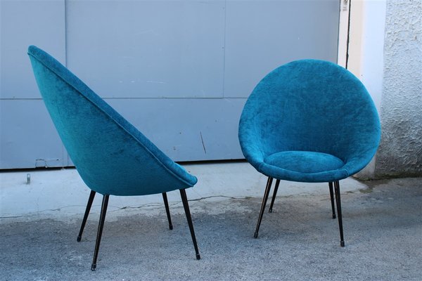 Small Italian Blue Velvet Black Stiletto Metal Egg Chairs, 1950s, Set of 2-EH-1180597