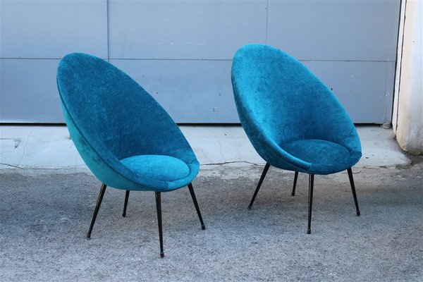 Small Italian Blue Velvet Black Stiletto Metal Egg Chairs, 1950s, Set of 2-EH-1180597