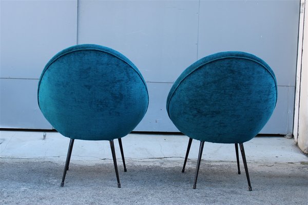 Small Italian Blue Velvet Black Stiletto Metal Egg Chairs, 1950s, Set of 2-EH-1180597