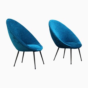 Small Italian Blue Velvet Black Stiletto Metal Egg Chairs, 1950s, Set of 2-EH-1180597