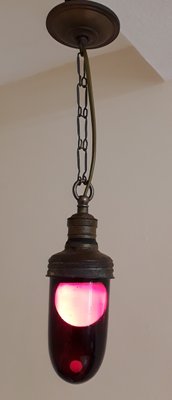 Small Laboratory Lamp with Brass Mounting & Dark Red Glass Screen, 1920s-HOI-1394060