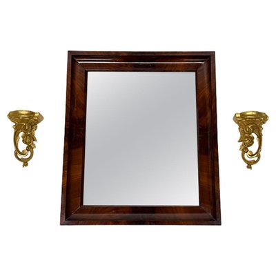 Small Mahogany Mirror with Gilt Wood Rocaille Scroll Wall Brackets, Set of 3-UCH-1224195