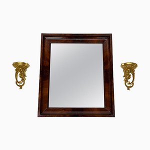 Small Mahogany Mirror with Gilt Wood Rocaille Scroll Wall Brackets, Set of 3-UCH-1224195