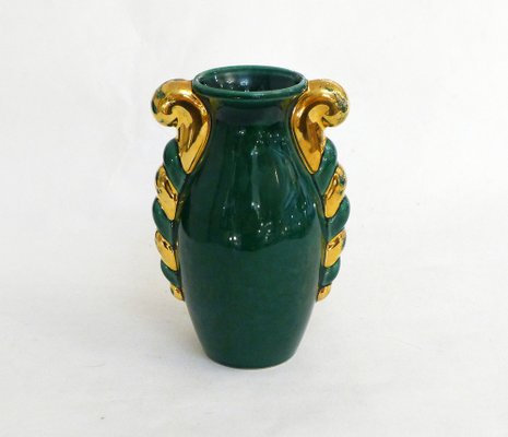 Small Mid-Century Amphora Form Vase in Green & Gold Earthenware by Poët Laval, France, 1950s-RNR-1719402