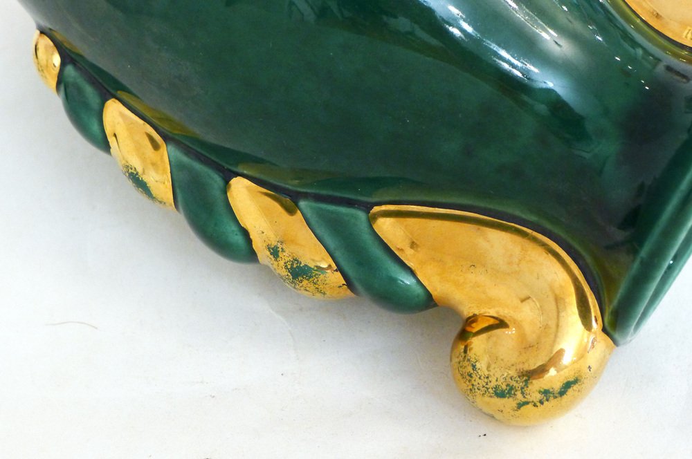 Small Mid-Century Amphora Form Vase in Green & Gold Earthenware by Poët Laval, France, 1950s