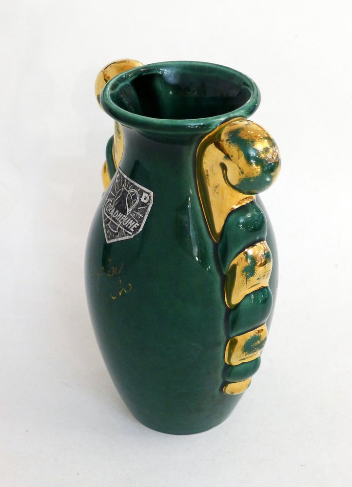 Small Mid-Century Amphora Form Vase in Green & Gold Earthenware by Poët Laval, France, 1950s