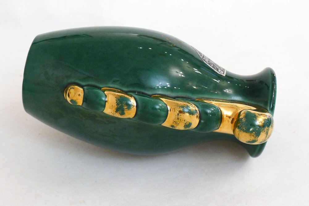 Small Mid-Century Amphora Form Vase in Green & Gold Earthenware by Poët Laval, France, 1950s