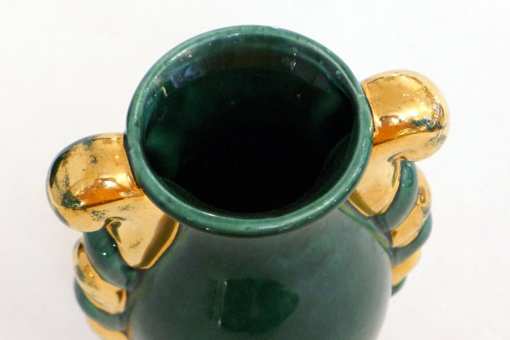 Small Mid-Century Amphora Form Vase in Green & Gold Earthenware by Poët Laval, France, 1950s