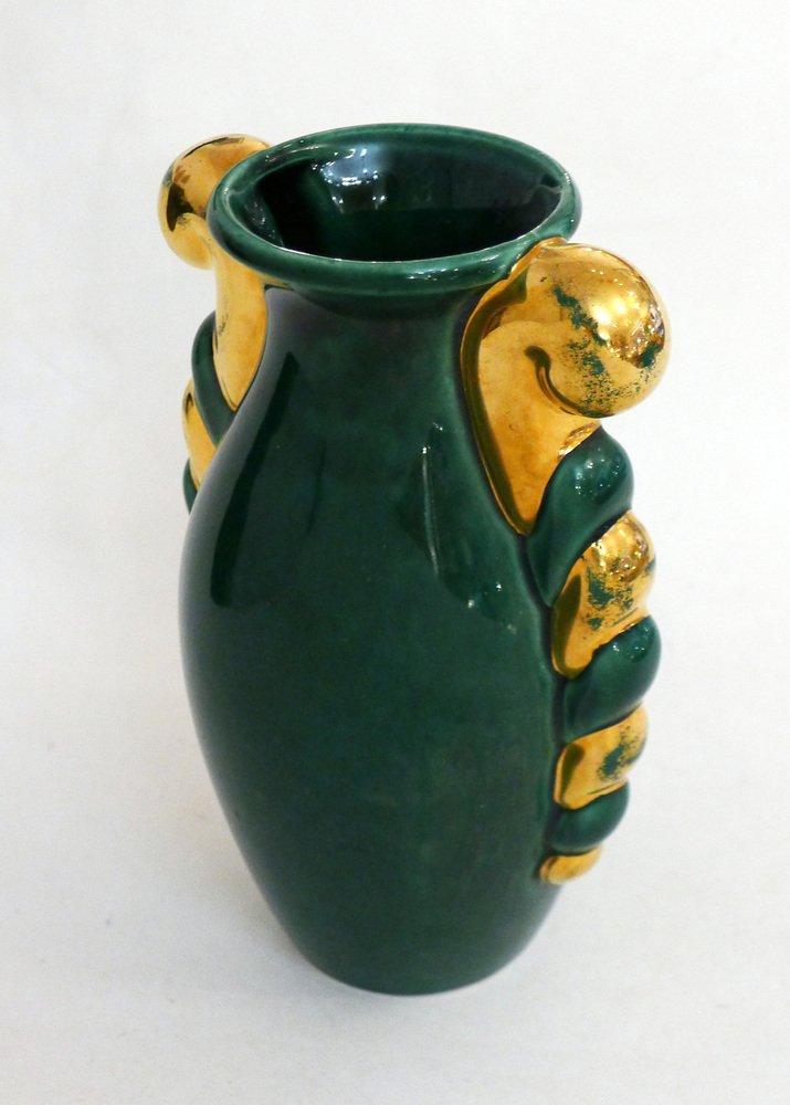 Small Mid-Century Amphora Form Vase in Green & Gold Earthenware by Poët Laval, France, 1950s