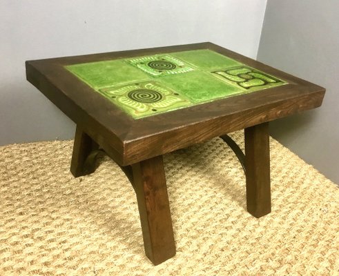 Small Mid-Century French Brutalist style Oak Table with Ceramic Top, 1970s-WZZ-1373019