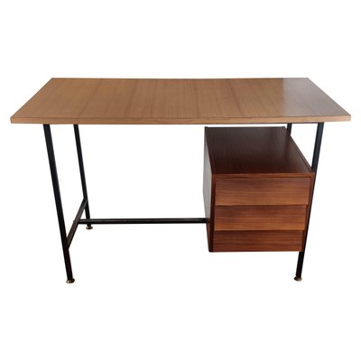 Small Mid-Century Italian Cross Bar Desk in Wood & Brass-EUP-1188342