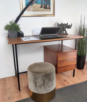 Small Mid-Century Italian Cross Bar Desk in Wood & Brass-EUP-1188342