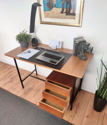 Small Mid-Century Italian Cross Bar Desk in Wood & Brass-EUP-1188342