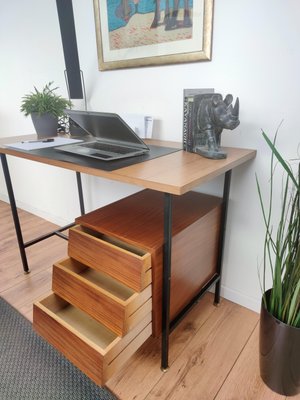 Small Mid-Century Italian Cross Bar Desk in Wood & Brass-EUP-1188342