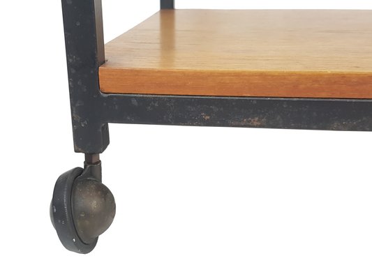 Small Mid-Century Modern Serving Table in Black Metal and Teak on Wheels, 1950s-RD-2026828