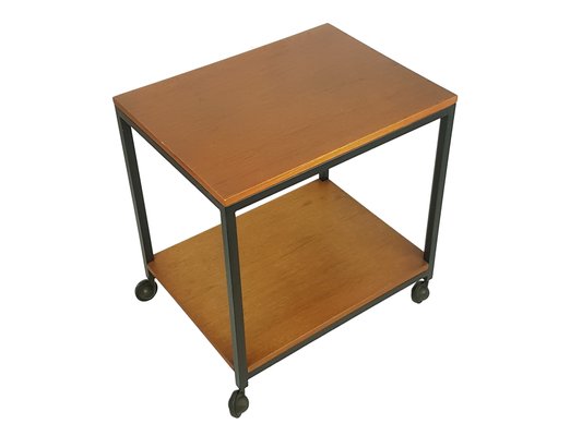 Small Mid-Century Modern Serving Table in Black Metal and Teak on Wheels, 1950s-RD-2026828