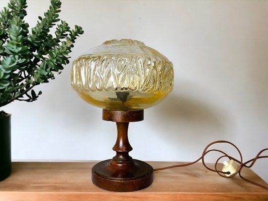 Small Mid-Century Portuguese Wood and Iridescent Amber Glass Table Lamp, 1960s-SCS-1807294