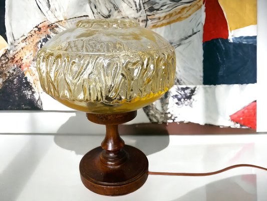 Small Mid-Century Portuguese Wood and Iridescent Amber Glass Table Lamp, 1960s-SCS-1807294