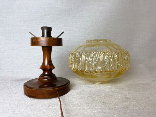 Small Mid-Century Portuguese Wood and Iridescent Amber Glass Table Lamp, 1960s-SCS-1807294