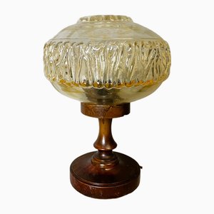 Small Mid-Century Portuguese Wood and Iridescent Amber Glass Table Lamp, 1960s-SCS-1807294