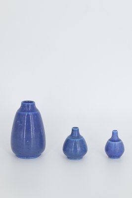 Small Mid-Century Scandinavian Modern Blue Stoneware Vases by Gunnar Borg for Gunnars Keramik Höganäs, 1960s, Set of 3-ZAA-1794267