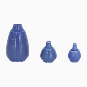 Small Mid-Century Scandinavian Modern Blue Stoneware Vases by Gunnar Borg for Gunnars Keramik Höganäs, 1960s, Set of 3-ZAA-1794267