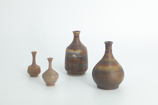 Small Mid-Century Scandinavian Modern Brown Stoneware Vases by Gunnar Borg for Höganäs Ceramics, 1960s, Set of 4-ZAA-1794355