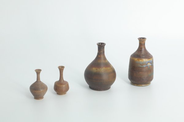 Small Mid-Century Scandinavian Modern Brown Stoneware Vases by Gunnar Borg for Höganäs Ceramics, 1960s, Set of 4-ZAA-1794355