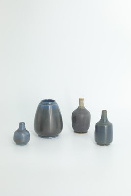 Small Mid-Century Scandinavian Modern Collectible Blue & Brown Stoneware Vase by Gunnar Borg for Gunnars Keramik Höganäs, 1960s, Set of 4-ZAA-1795544