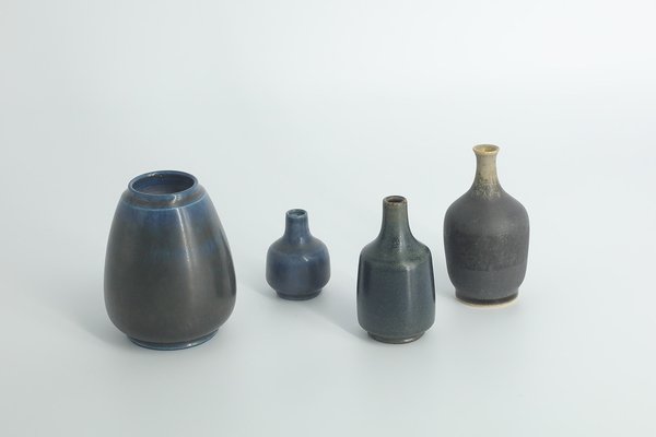 Small Mid-Century Scandinavian Modern Collectible Blue & Brown Stoneware Vase by Gunnar Borg for Gunnars Keramik Höganäs, 1960s, Set of 4-ZAA-1795544