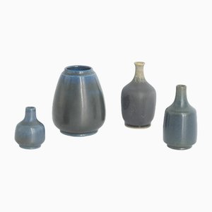 Small Mid-Century Scandinavian Modern Collectible Blue & Brown Stoneware Vase by Gunnar Borg for Gunnars Keramik Höganäs, 1960s, Set of 4-ZAA-1795544