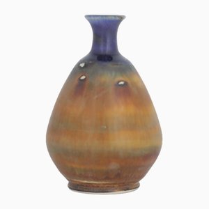 Small Mid-Century Scandinavian Modern Collectible Blue & Brown Stoneware Vase by Gunnar Borg for Höganäs Keramik, 1960s-ZAA-1784316