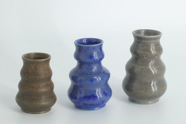 Small Mid-Century Scandinavian Modern Collectible Brown & Blue Wavy Glazed Stoneware Vases by Gunnar Borg for Höganäs Ceramics, 1960s, Set of 3-ZAA-1802315