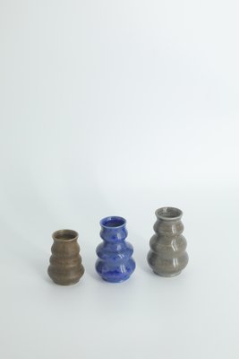 Small Mid-Century Scandinavian Modern Collectible Brown & Blue Wavy Glazed Stoneware Vases by Gunnar Borg for Höganäs Ceramics, 1960s, Set of 3-ZAA-1802315