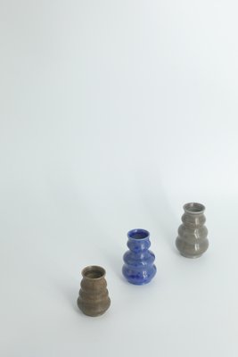 Small Mid-Century Scandinavian Modern Collectible Brown & Blue Wavy Glazed Stoneware Vases by Gunnar Borg for Höganäs Ceramics, 1960s, Set of 3-ZAA-1802315