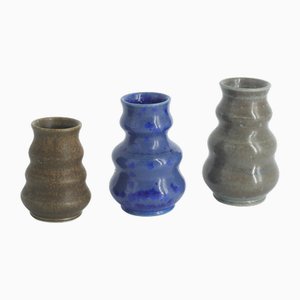 Small Mid-Century Scandinavian Modern Collectible Brown & Blue Wavy Glazed Stoneware Vases by Gunnar Borg for Höganäs Ceramics, 1960s, Set of 3-ZAA-1802315