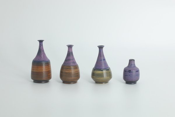 Small Mid-Century Scandinavian Modern Collectible Brown & Purple Stoneware Vases by Gunnar Borg for Gunnars Keramik Höganäs, 1960s, Set of 4-ZAA-1802212