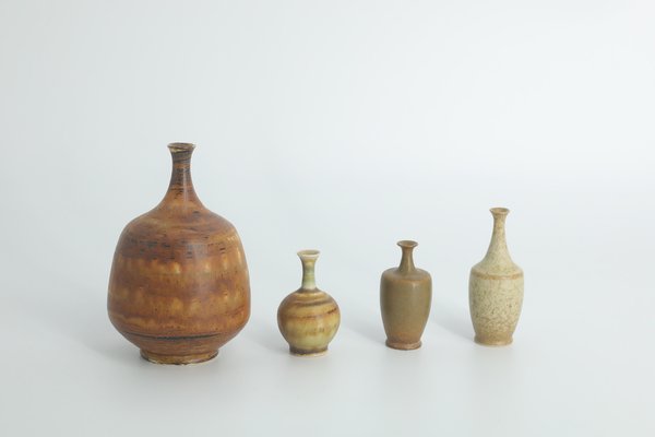 Small Mid-Century Scandinavian Modern Collectible Brown Stoneware Vases by Gunnar Borg for Höganäs Ceramics, 1960s, Set of 4-ZAA-1801072