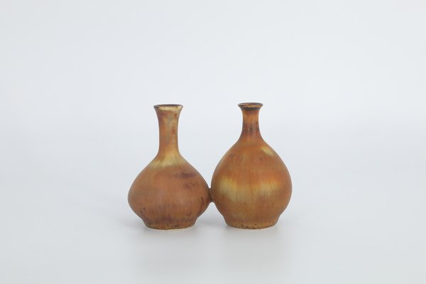 Small Mid-Century Scandinavian Modern Collectible Double Brown Stoneware Vases by Gunnar Borg for Höganäs Keramik, 1960s, Set of 2-ZAA-1784427