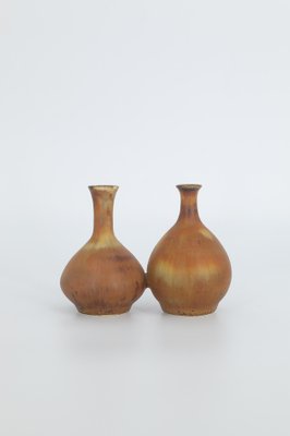 Small Mid-Century Scandinavian Modern Collectible Double Brown Stoneware Vases by Gunnar Borg for Höganäs Keramik, 1960s, Set of 2-ZAA-1784427