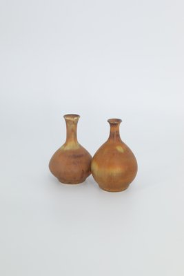 Small Mid-Century Scandinavian Modern Collectible Double Brown Stoneware Vases by Gunnar Borg for Höganäs Keramik, 1960s, Set of 2-ZAA-1784427