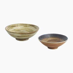 Small Mid-Century Scandinavian Modern Collectible Glazed Brown Stoneware Bowls by Gunnar Borg for Höganäs Keramik, 1960s, Set of 2-ZAA-1800483